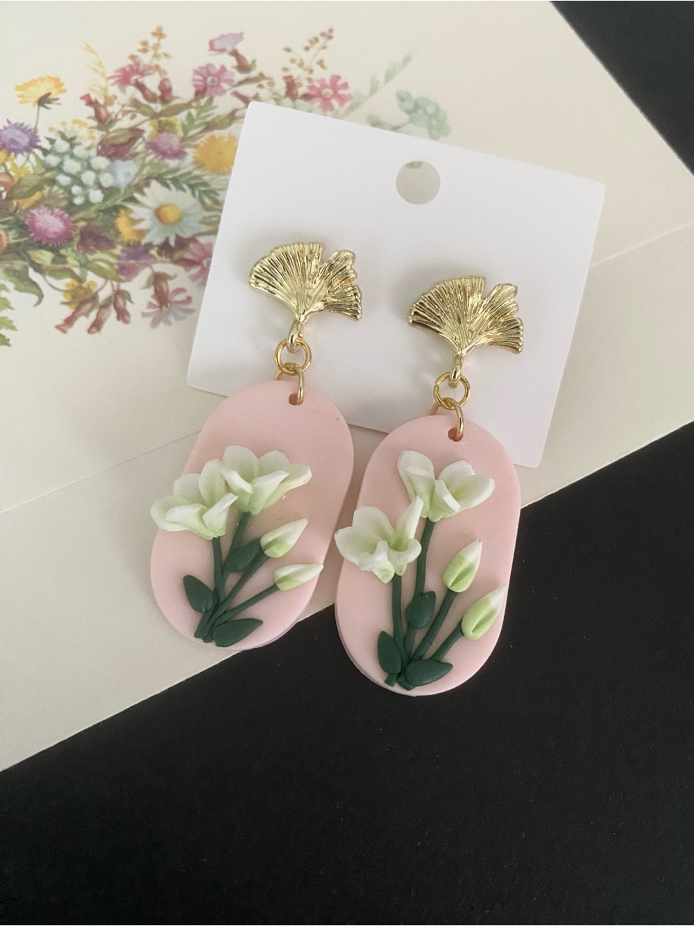 Pink and White Floral Polymer Clay Earrings with Gold Fan Studs